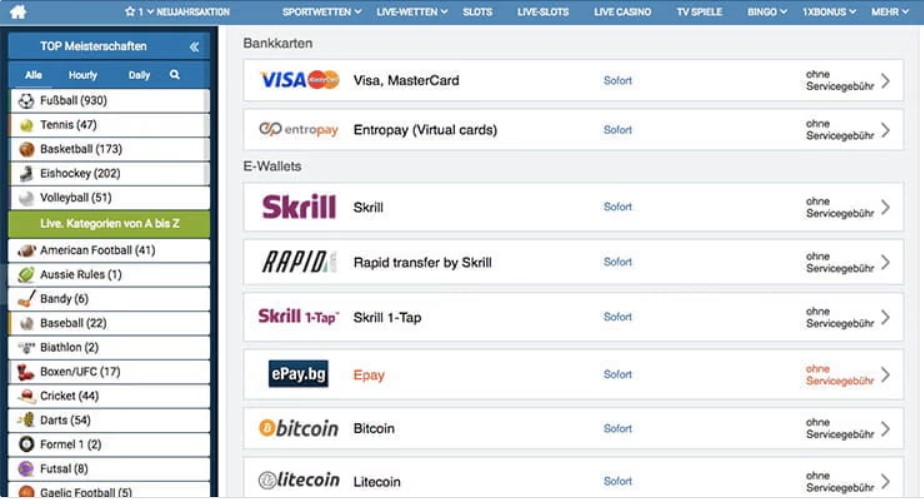 1xBet einzahlungsmethoden